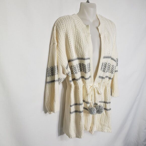 Apostrophe Womens Cardigan Sweater Large Pom Pom Cream Gray Tie Front 3/4 Sleeve - Picture 4 of 10